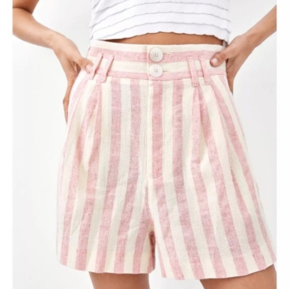 NEW Zara trf Collection Linen Blend Pink White Stripe High Waist Shorts Large